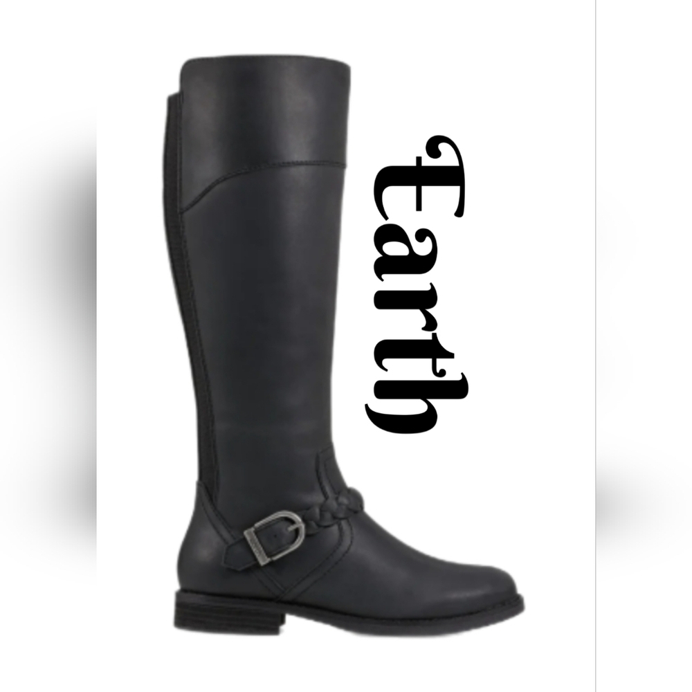 Earth Mira Knee High Black Leather Boot Sz 8m Woven Strap Expandable Calf Insert